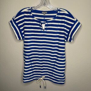Talbots T by Talbots Striped Terry Short Sleeve Top SP Blue White Drawstring